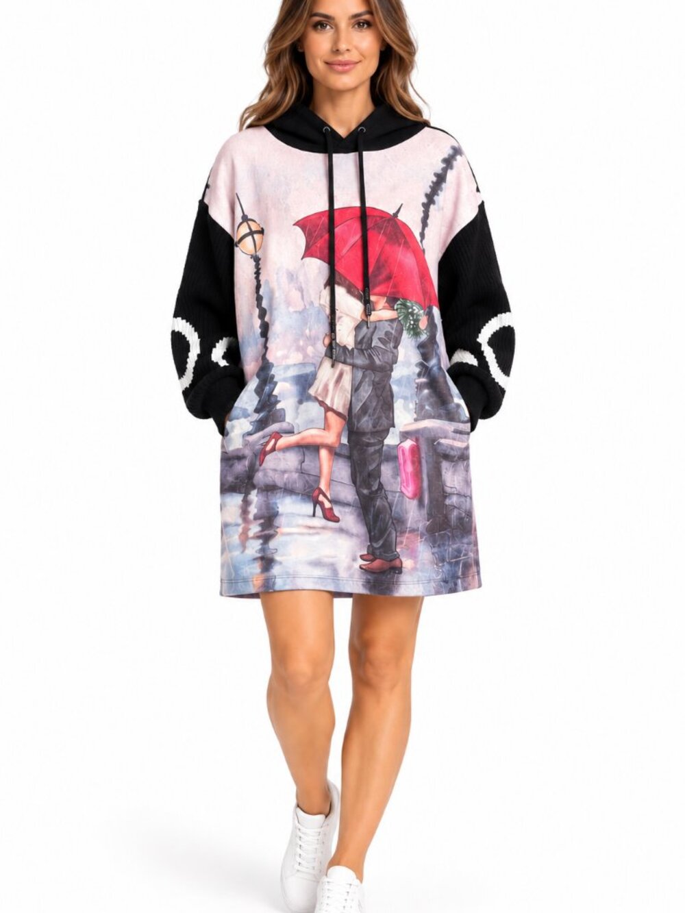 Made in Italy Graphic Hoodie Dress Oversized Cotton Blend Black Pink